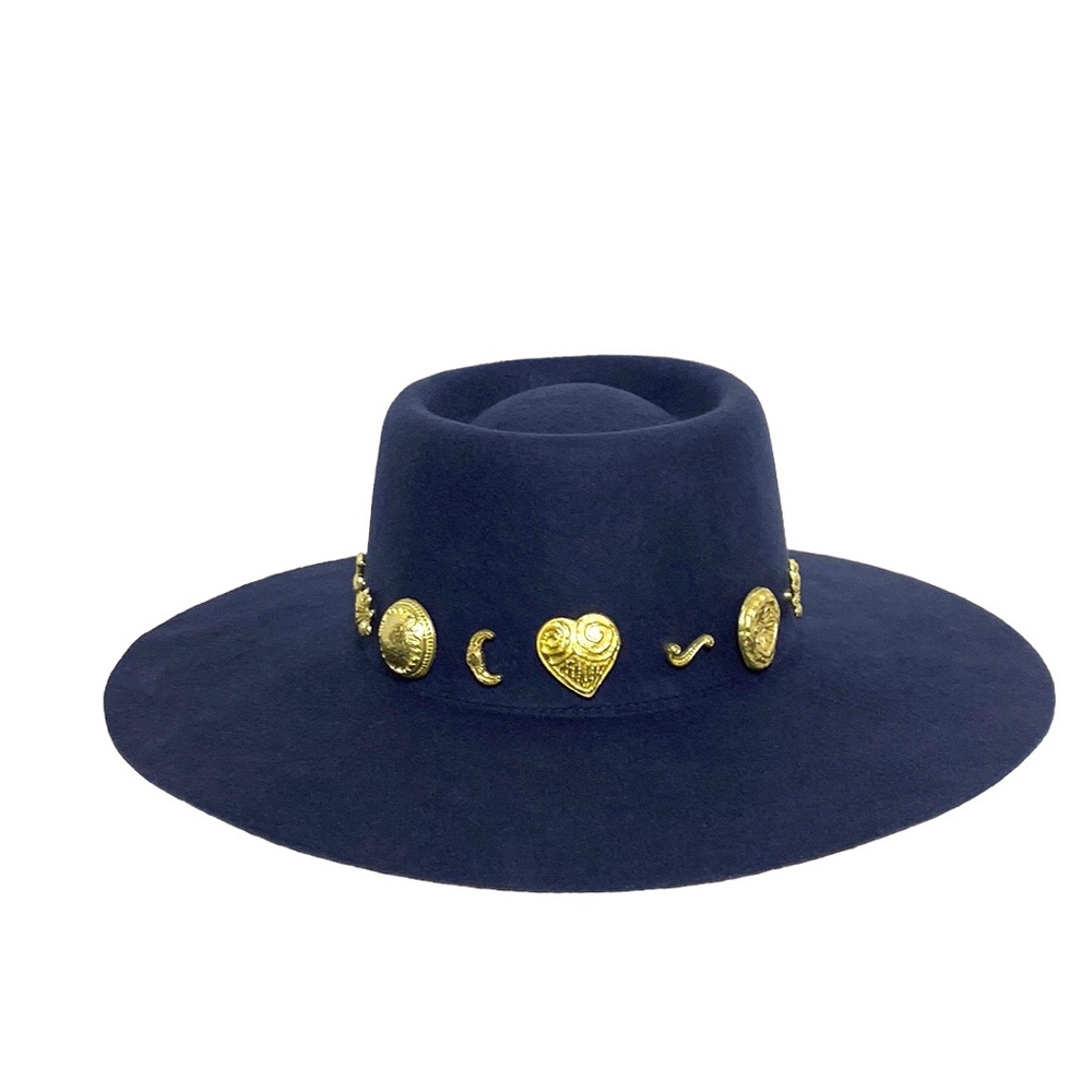 Lack of Color Cosmic Boater Navy Wool Handmade Conchos Goddess Hat Size S